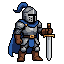 “a knight with a blue cape and a sword”
